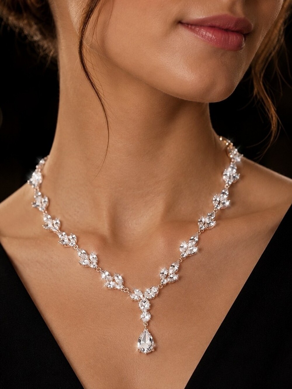 Rose Gold Tone Clear Rhinestone Y Necklace Bridal Wedding Formal Prong Set NWOT
